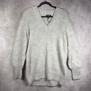 Express Sweater Women Medium Tan V-Neck Oversized Fuzzy Knit Balloon‎ Sleeve NEW